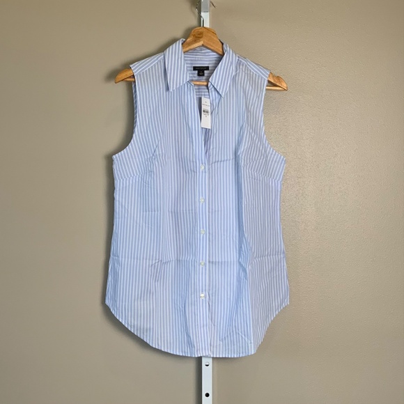 Ann Taylor Collared Split Neck Striped Sleeveless Shirt - Picture 5 of 16